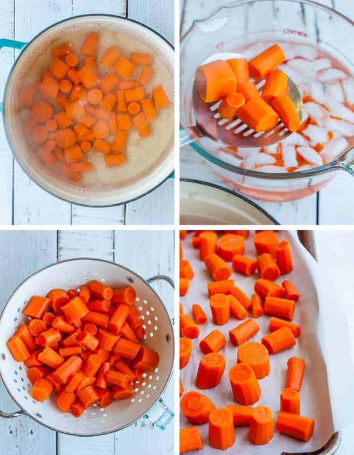 4 photos showing the process of blanching and freezing carrots