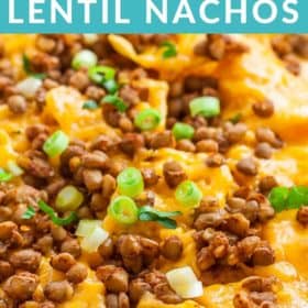 Tortilla chips topped with melted cheese, lentils, and green onions