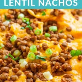 Tortilla chips topped with melted cheese, lentils, and green onions