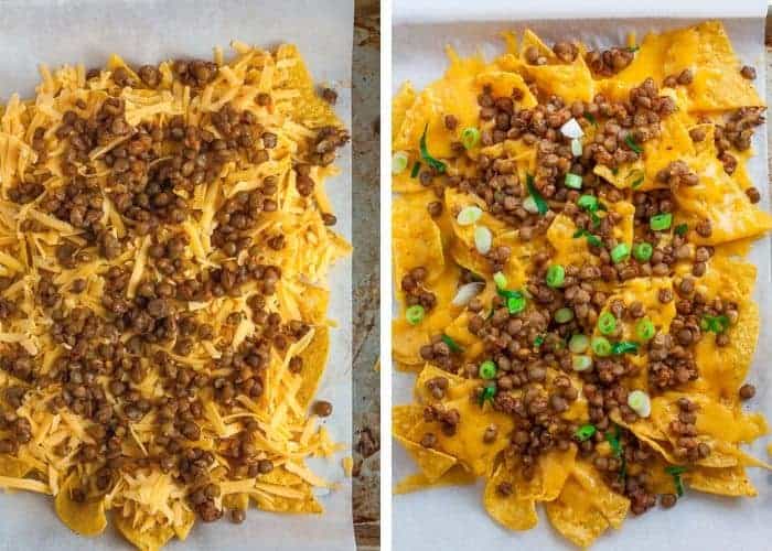 2 process photos showing tortilla chips, cheese, and lentils on a baking sheet