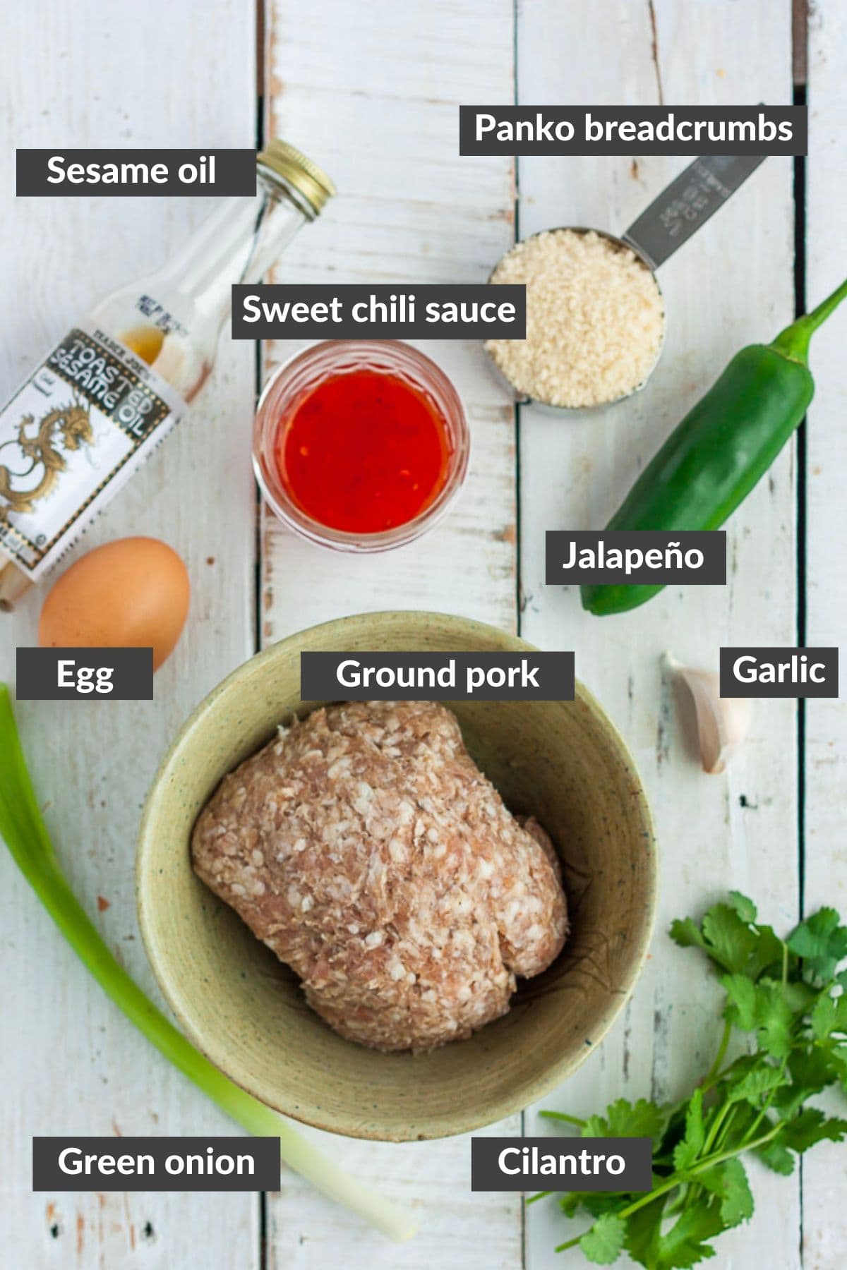 ground pork, panko, sesame oil, an egg, cilantro, and other ingredients on a white board.
