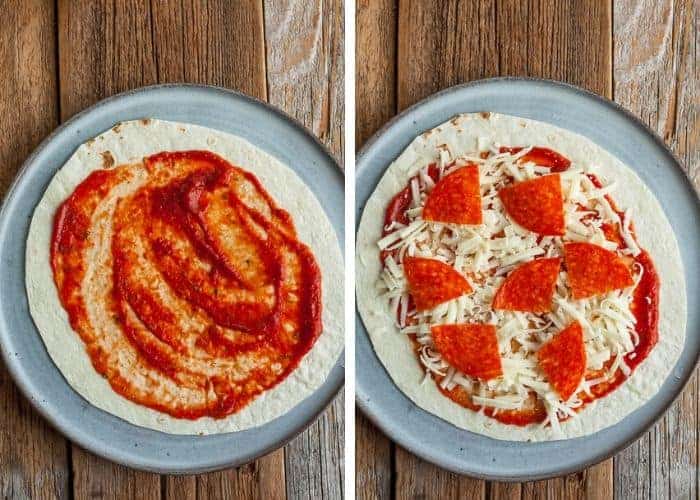Two photos showing the steps to make tortilla pizzas
