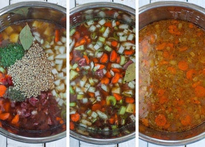 3 process photos showing how to make beef barley soup.