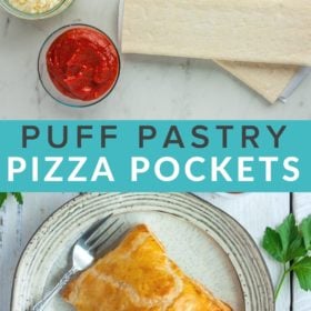 puff pastry pizza pockets sitting on plates with forks and dish of red sauce