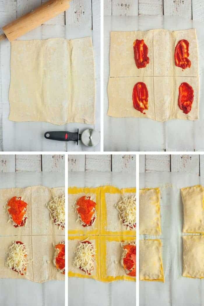 5 process photos showing step by step how to make homemade hot pockets