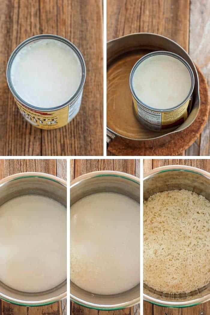 5 step by step photos showing how ot make coconut rice in a pressure cooker