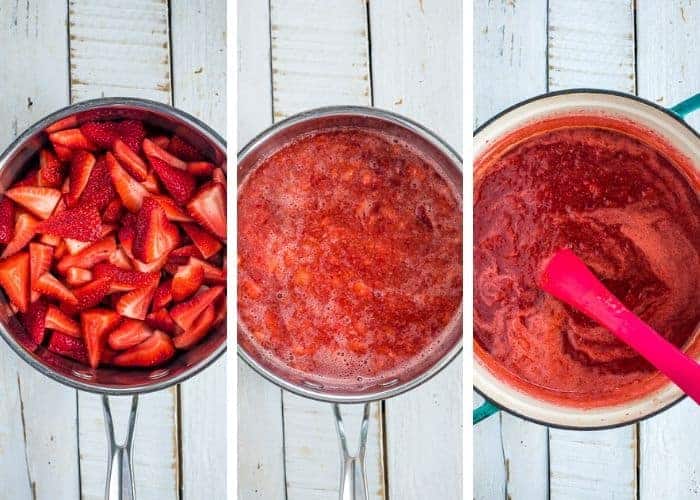 3 process photos showing strawberries reducing in a saucepan