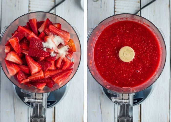 2 photos showing strawberries in a food processor