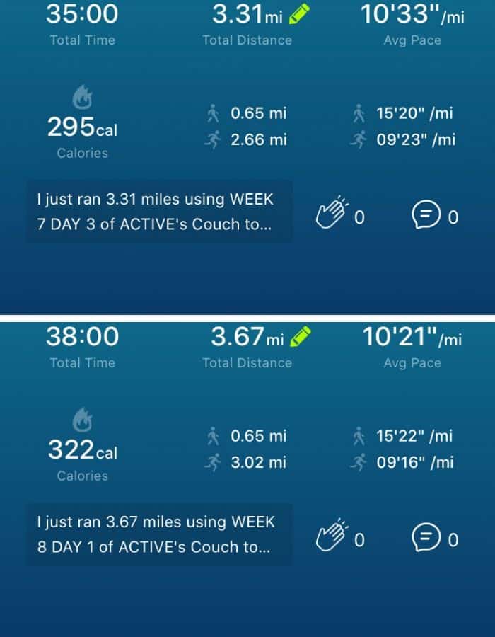 2 photos showing running times from a couch to 5k training app