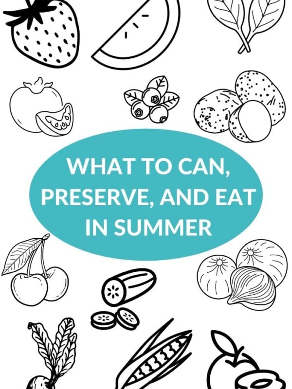 a blue bubble with text surrounded by illustrated produce