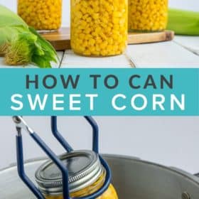 Canning tongs pulling a pint of sweet corn out of a pressure canner