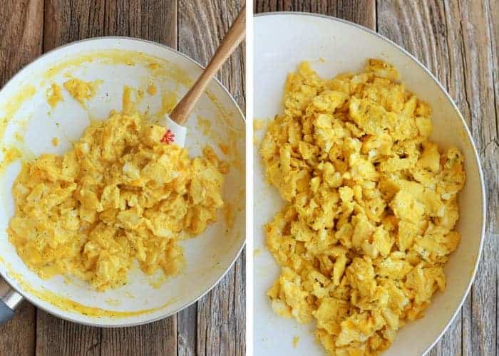 2 photos showing scrambled eggs cooking in a frying pan