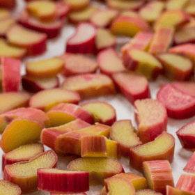 a tray with slices of frozen rhubarb.