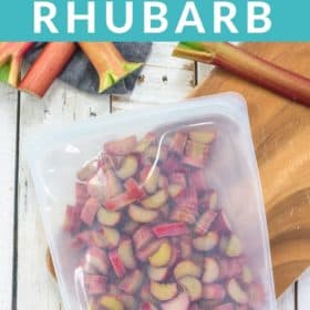 chunks of rhubarb in a silicone bag on a cutting board