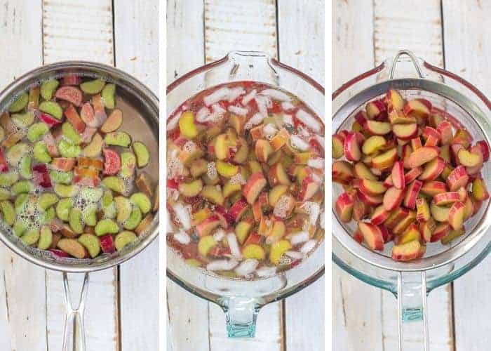 3 photos showing how to blanch rhubarb