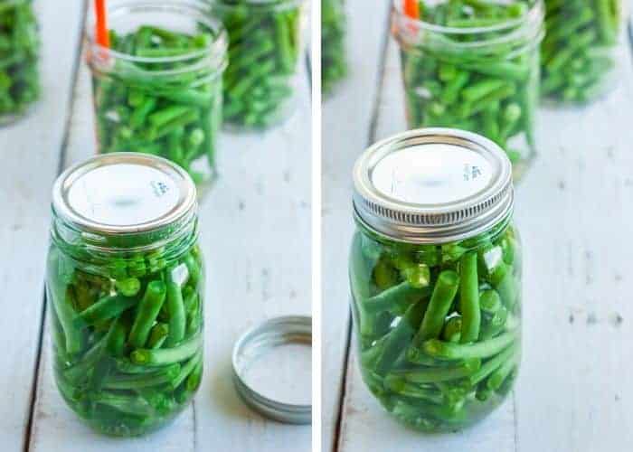 2 photos showing the process of canning green beans in a pressure canner