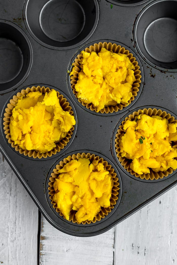 scrambled eggs in a muffin tin.