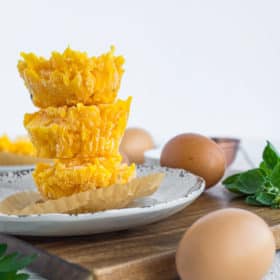 a stack of frozen scrambled eggs on a plate