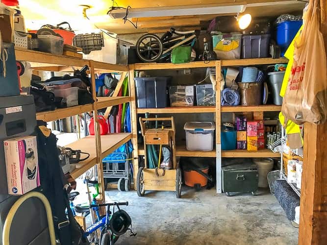 An organized garage with shelves