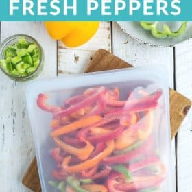 frozen peppers in a freezer bag on a white board with fresh peppers