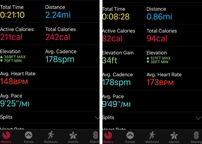 2 screenshot results from a workout
