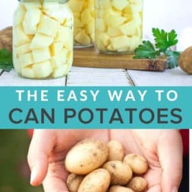 3 jars of canned potatoes on a wooden board