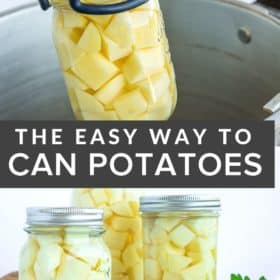 tongs lifting a mason jar of potatoes out of a canner