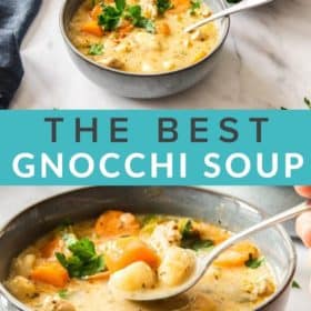 a spoon lifting a bite of gnocchi soup