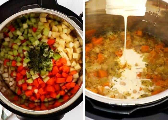 2 photos showing how to make creamy bean soup in an Instant Pot
