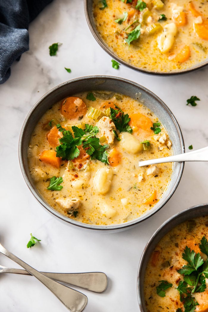 two bowls of Instant Pot chicken gnocchi soup.