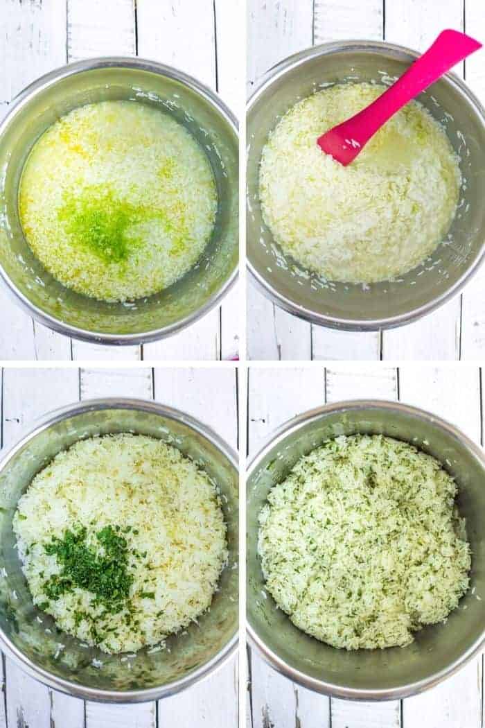4 photos showing how to make copycat chipotle rice in an Instant Pot
