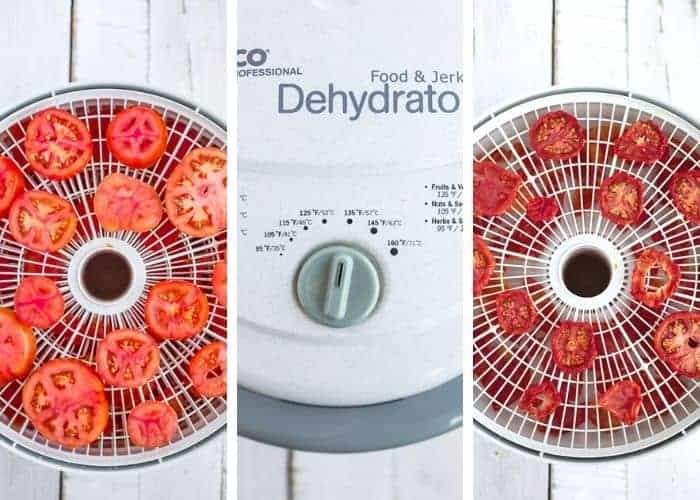 3 photos showing the process on how to dehydrate tomatoes