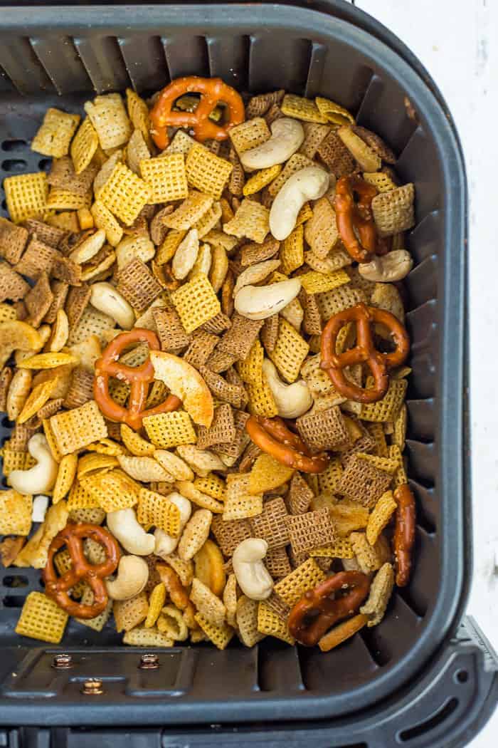 a close up photo of Air Fryer Chex Mix