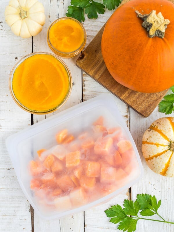 a bag of cubed frozen pumpkin with mini pumpkins