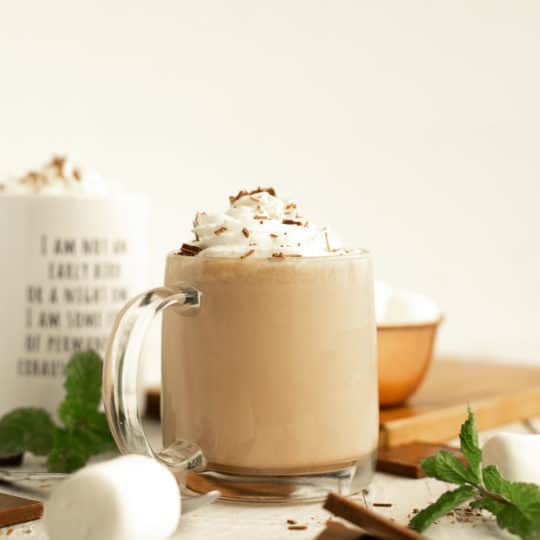 a mug of hot chocolate topped with whipped cream