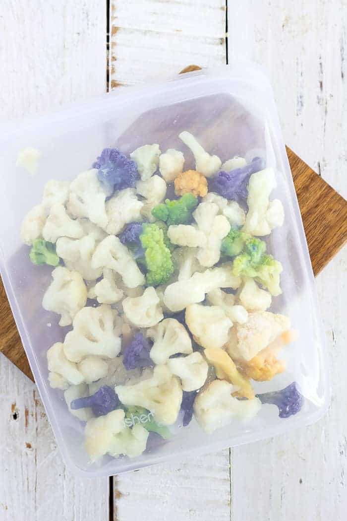a silicone bag full of frozen cauliflower