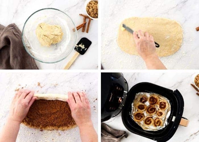 4 process shots showing how to make no knead cinnamon rolls