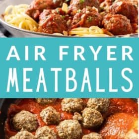 a plate with spaghetti topped with air fryer meatballs