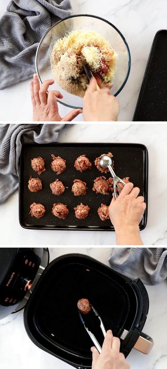 3 photos showing step by step on how to make meatballs in air fryer