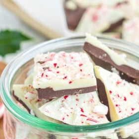 a clear dish of candy cane bark.