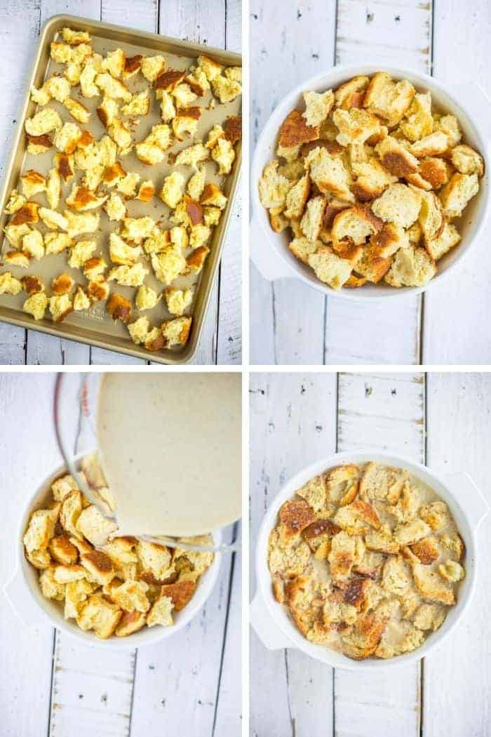 4 photos showing the steps for making bread pudding