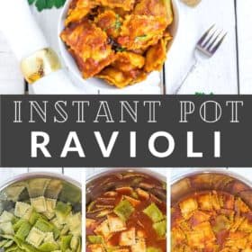 a white bowl of instant pot ravioli with garlic bread and fresh parsley