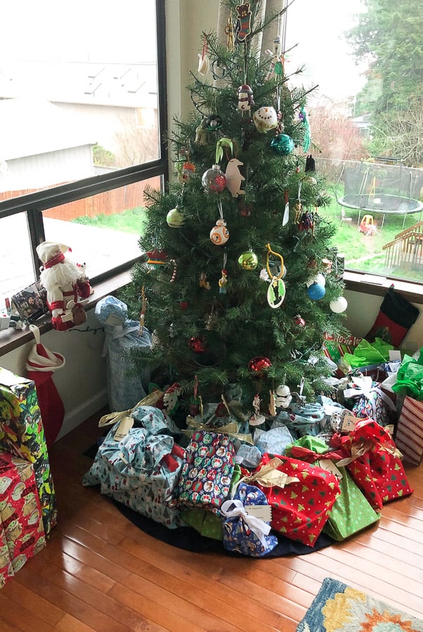 a Christmas tree with fabric presents