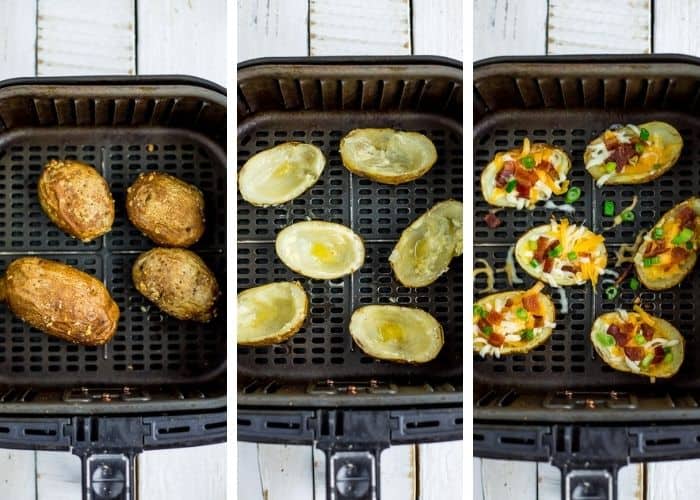 3 photos of potatoes in an air fryer