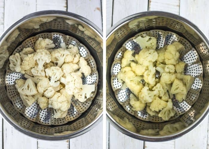 2 photos showing how to steam cauliflower in an Instant Pot