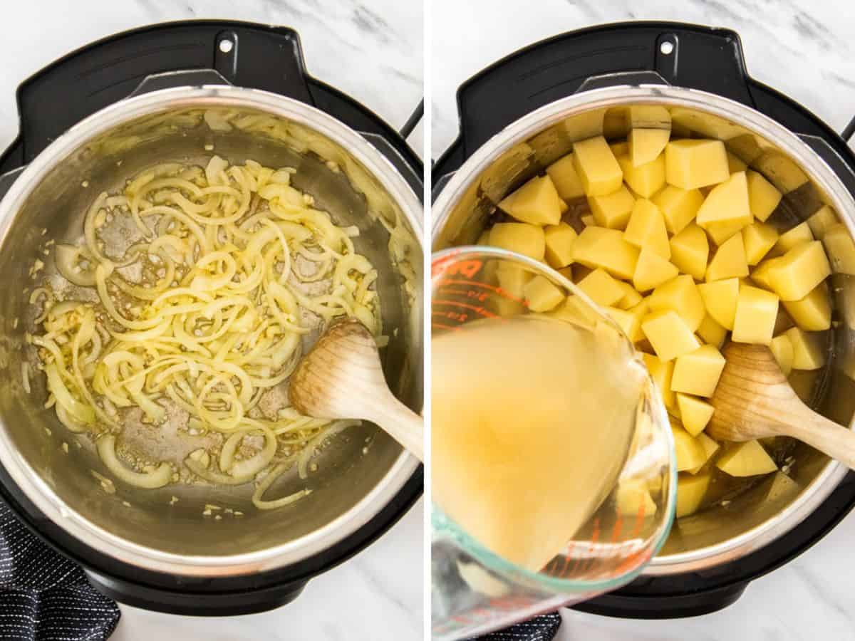 2 photos showing how to make potato soup in a pressure cooker.