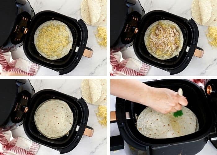 4 photos showing how to make chicken quesadillas in an air fryer