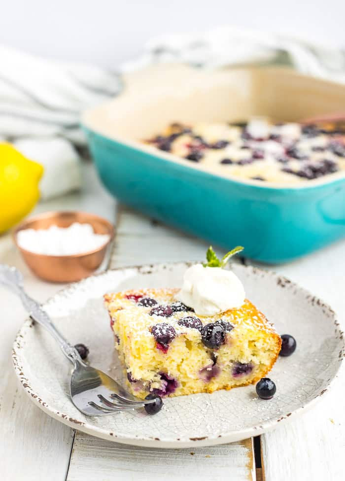 frozen berry cake on a plate with a fork topped with yogurt and a sprig of mint