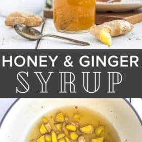 a jar of honey ginger syrup with a spoon