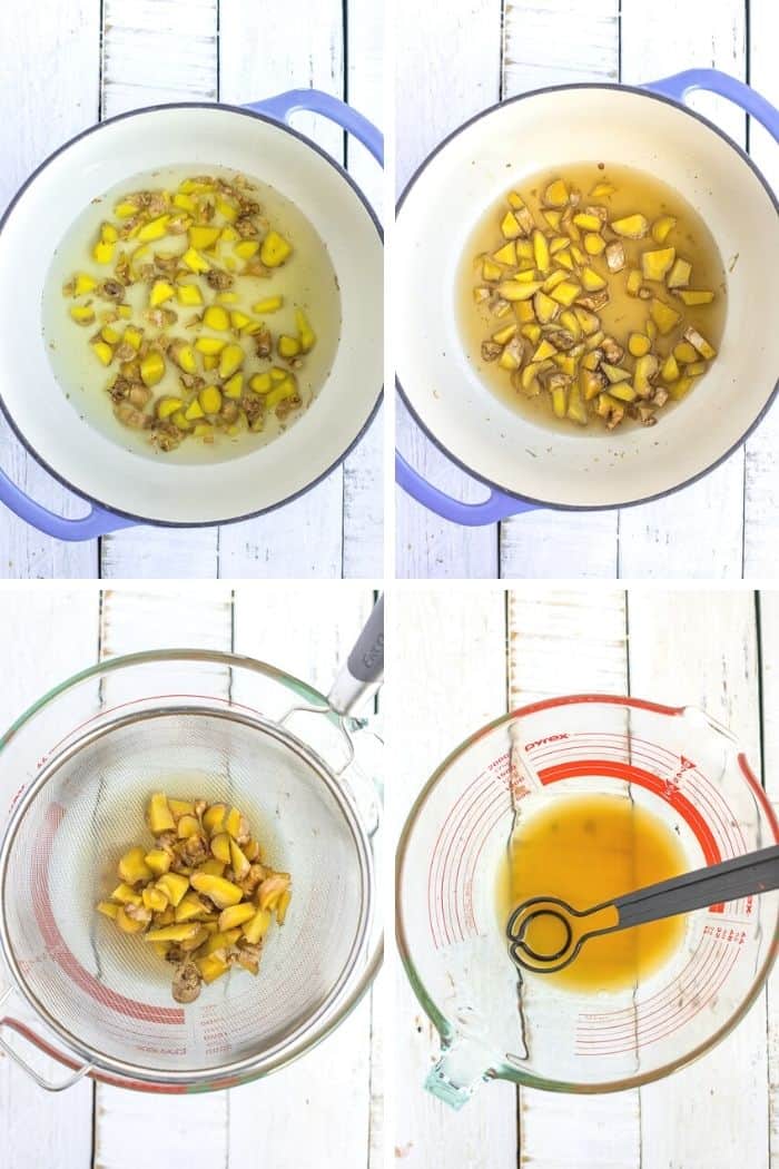4 photos showing the process of making ginger simple syrup